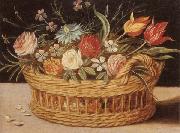 unknow artist Still life of roses,tulips,chyrsanthemums and cornflowers,in a wicker basket,upon a ledge Sweden oil painting reproduction